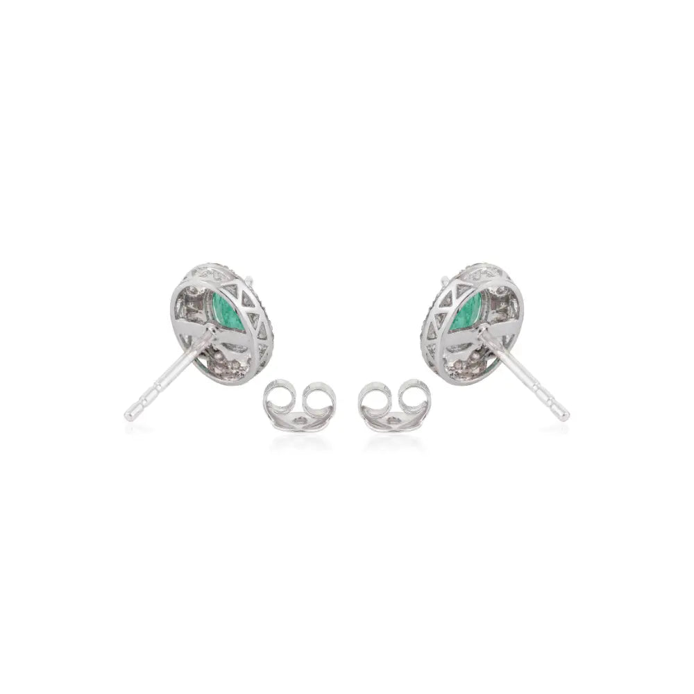 Oval Shape Emerald & Round Cut Diamond Halo Stud Earrings Minimal 14K White Gold Jewelry