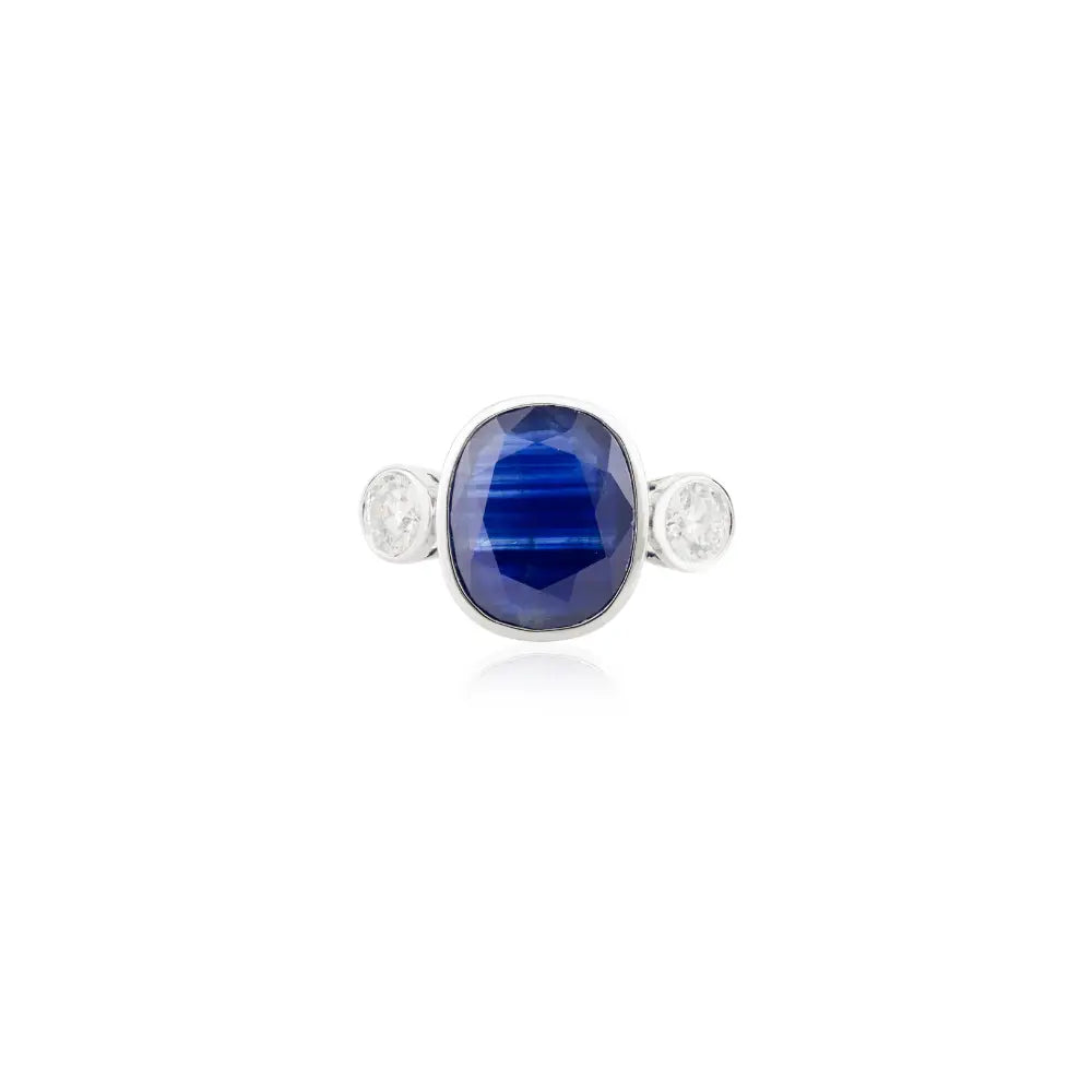 Bezel Setting Fine Blue Sapphire & Diamond Three Stone Ring Trending Handmade Jewelry