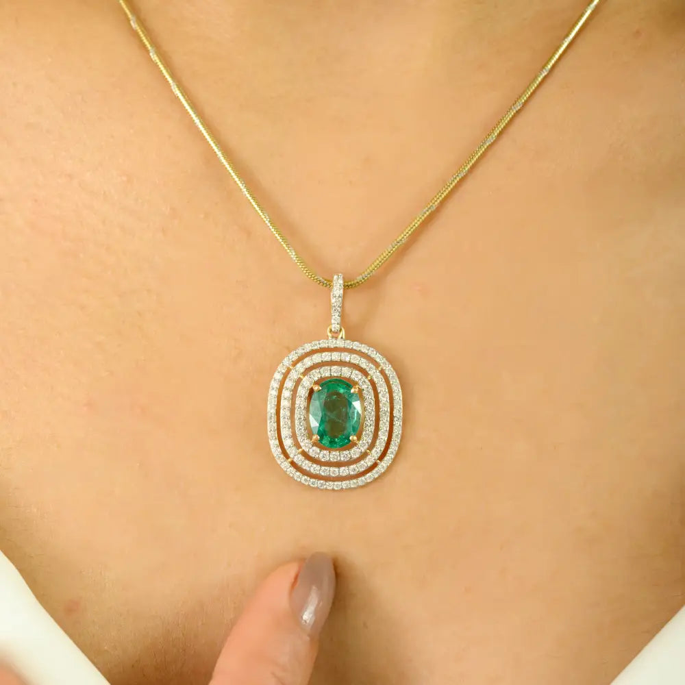 Luxurious Designer Emerald & Diamond Triple Halo Pendant Fine 18K Real Yellow Gold