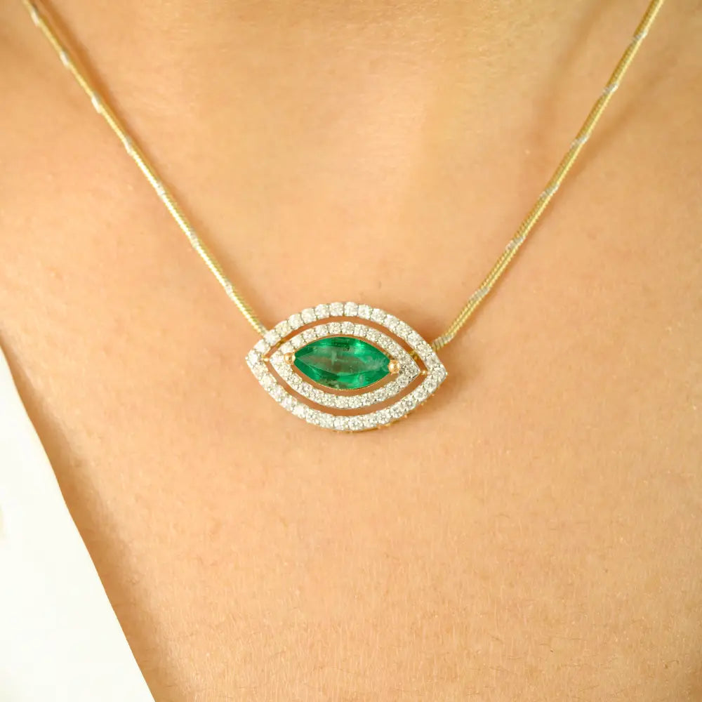 Emerald & Diamond Marquise Shape Double Halo Pendant 18K Yellow Gold Handmade Jewelry