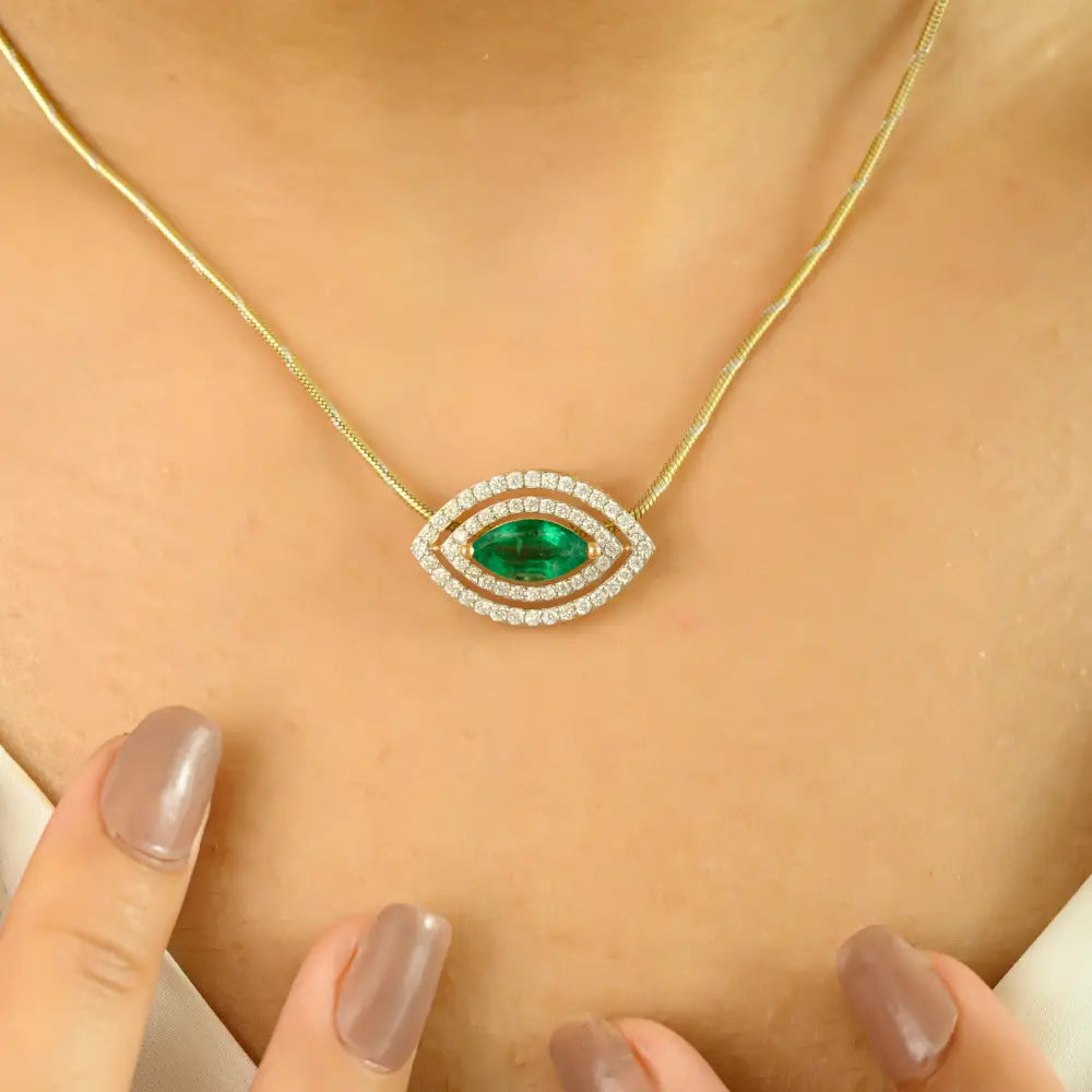 Emerald & Diamond Marquise Shape Double Halo Pendant 18K Yellow Gold Handmade Jewelry