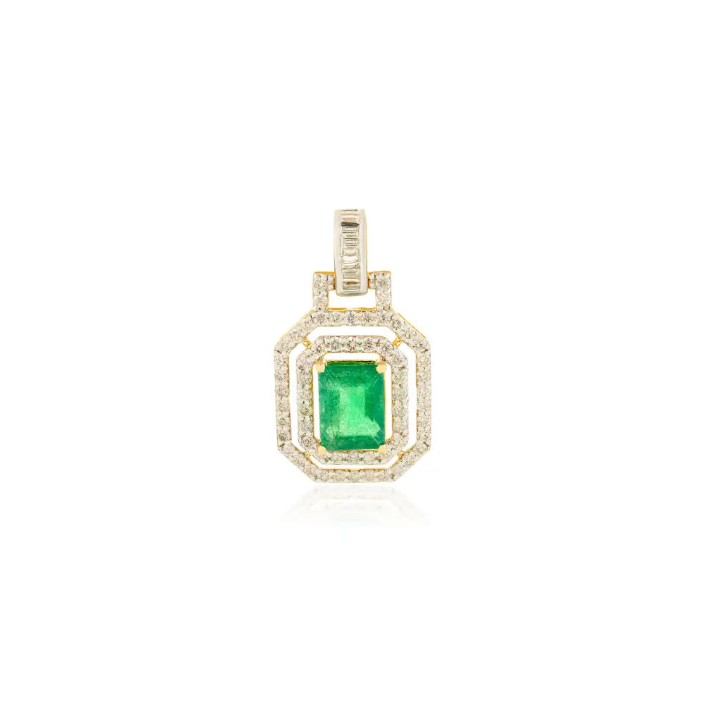 Luxurious K18 Real Yellow Gold Emerald & Diamond Double Halo Pendant Engagement Jewelry