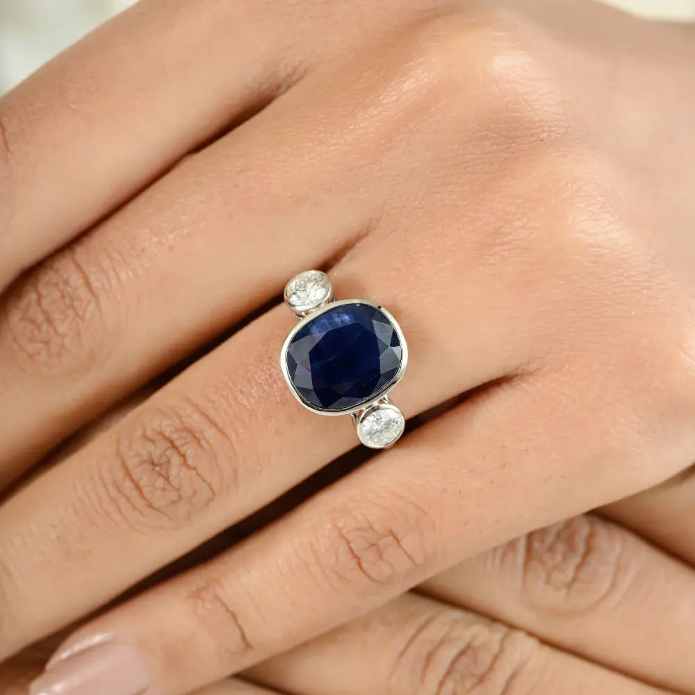 Bezel Setting Fine Blue Sapphire & Diamond Three Stone Ring Trending Handmade Jewelry