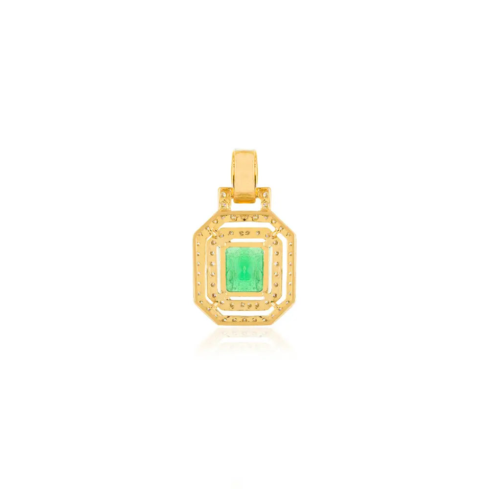 Luxurious K18 Real Yellow Gold Emerald & Diamond Double Halo Pendant Engagement Jewelry