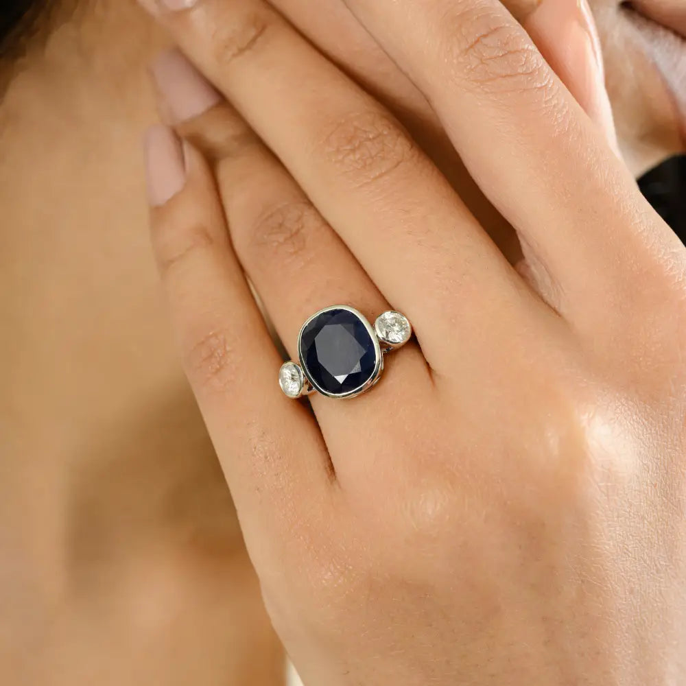 Bezel Setting Fine Blue Sapphire & Diamond Three Stone Ring Trending Handmade Jewelry