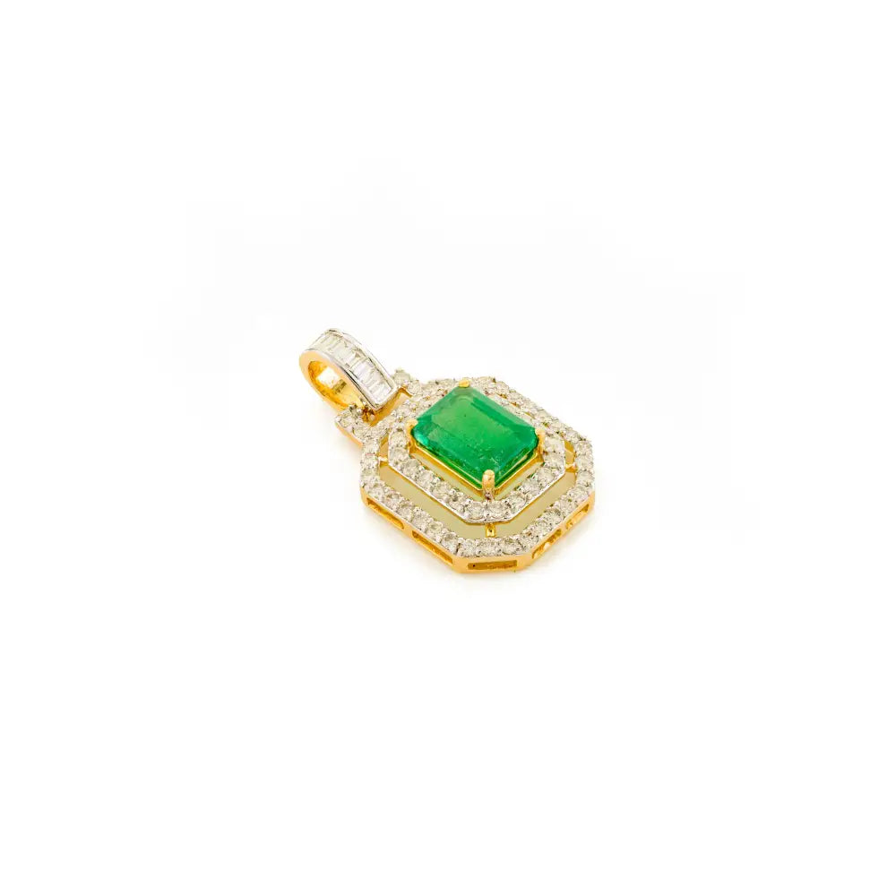 Luxurious K18 Real Yellow Gold Emerald & Diamond Double Halo Pendant Engagement Jewelry