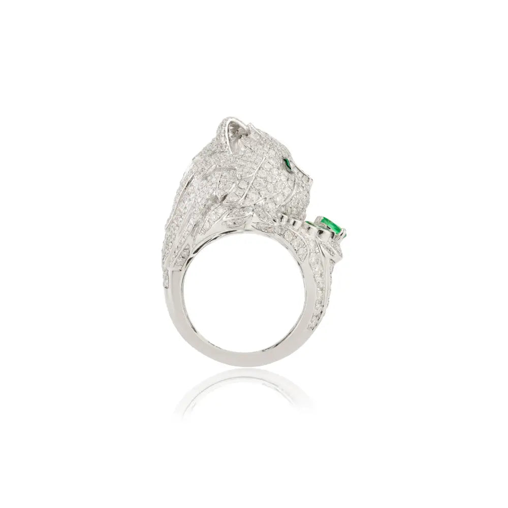 Emerald & Diamond Sparkle Animal Cat Ring Real K18 White Gold Bold Statement Jewelry