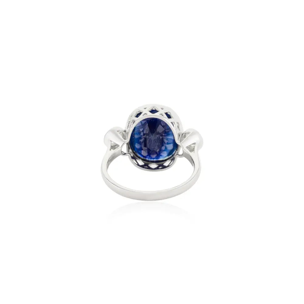 Precious Gemstone Blue Sapphire & Diamond Three Stone Ring 18K White Gold Jewelry