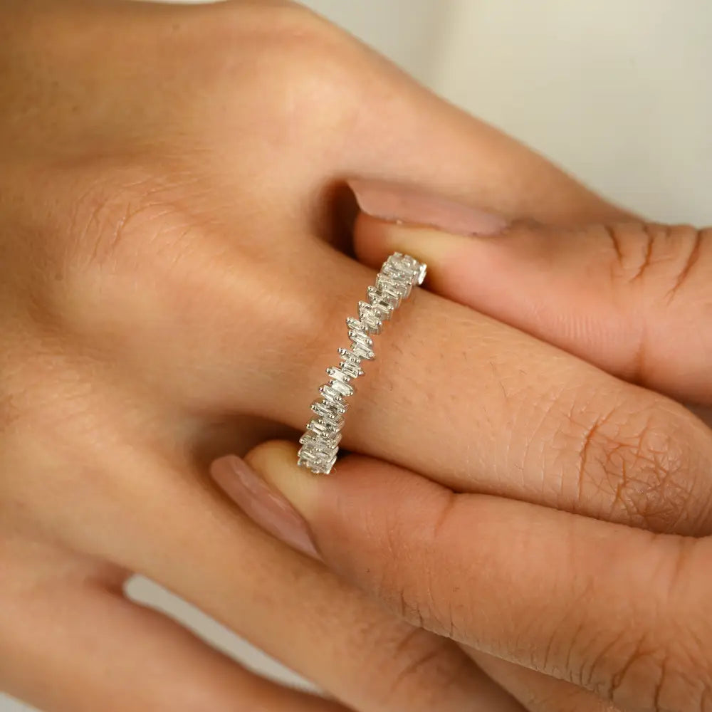 Baguette Cut Natural Diamond Zig Zag Stackable Ring Unisex 18K Gold Engagement Jewelry