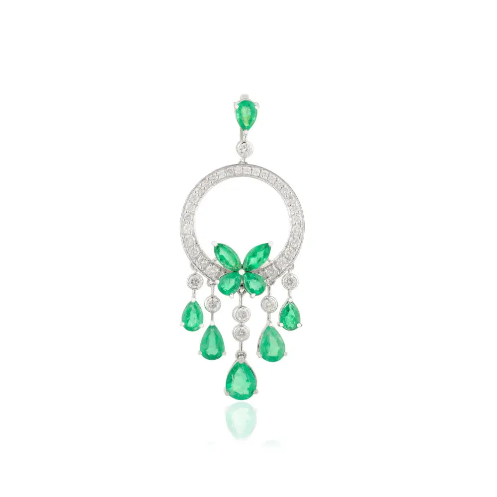 Art Deco Style Emerald & Diamond Hoop Tassel Pendant 18K White Gold Statement Jewelry
