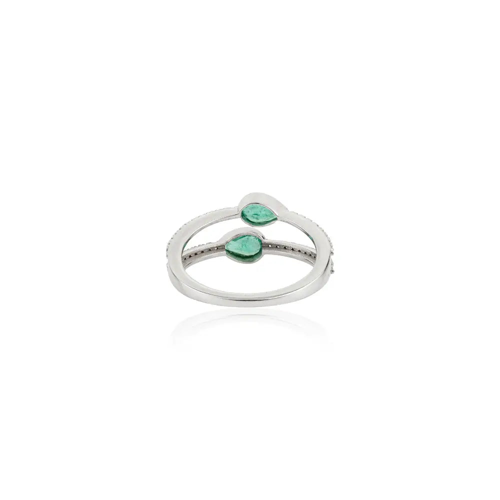 100% Real Emerald & Diamond Double Band Ring Handmade K14 Solid White Gold Latest Jewelry