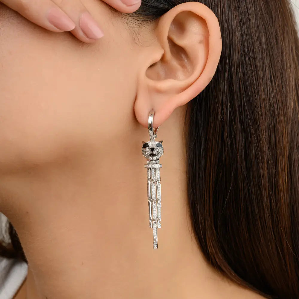 Exquisite Jewelry Solid 14K White Gold Natural Diamond Panther Dangle Earrings Unique Design