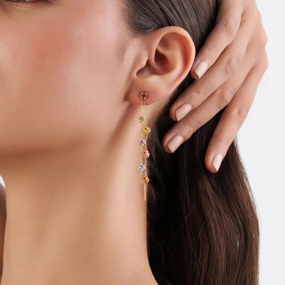 14K Yellow Gold Rainbow Multi Sapphire Double Link Chain Dangle Earrings For Wedding