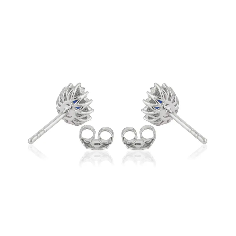 Prong Set Blue Sapphire & Diamond Pure 14K White Gold Cluster Stud Earrings Custom Jewelry