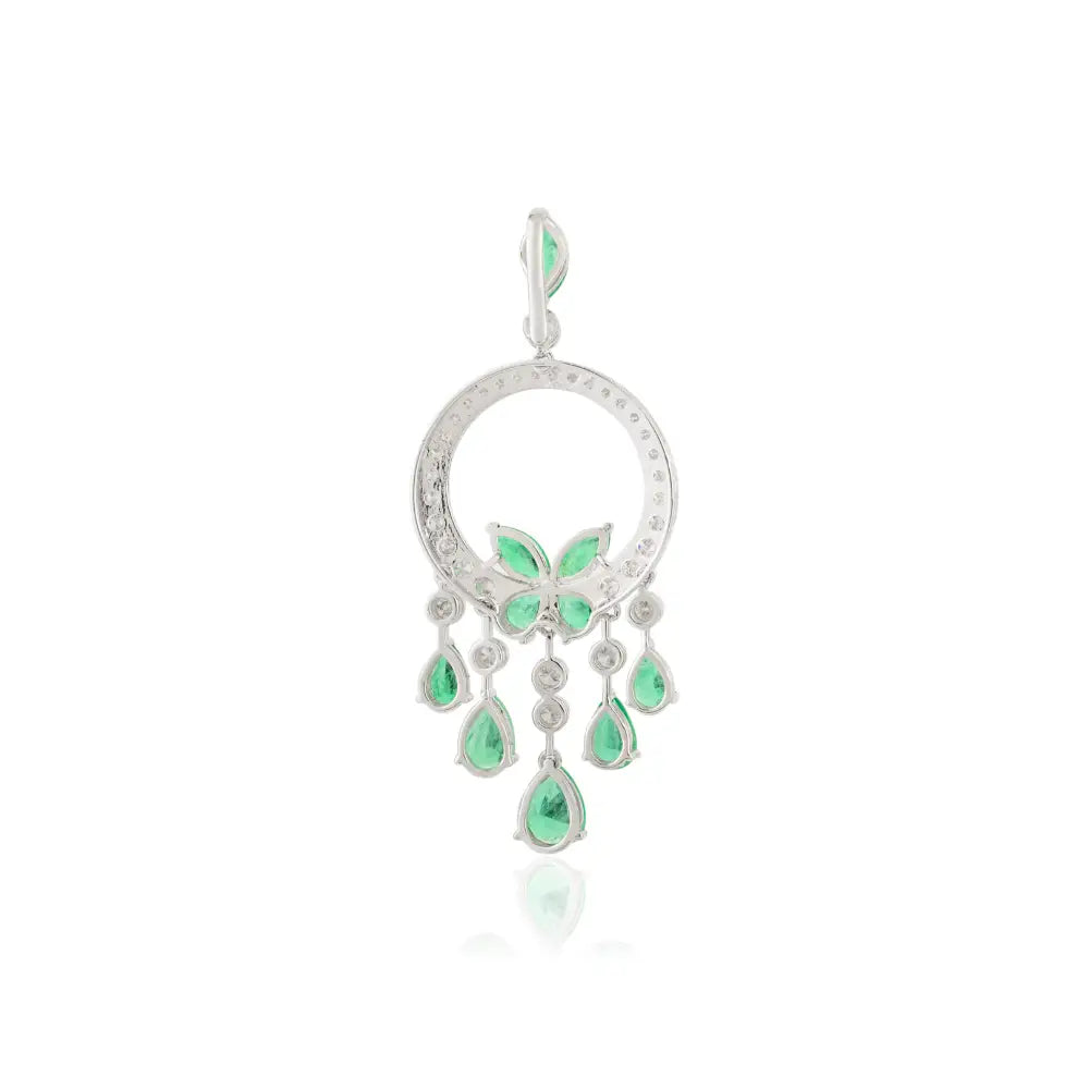 Art Deco Style Emerald & Diamond Hoop Tassel Pendant 18K White Gold Statement Jewelry