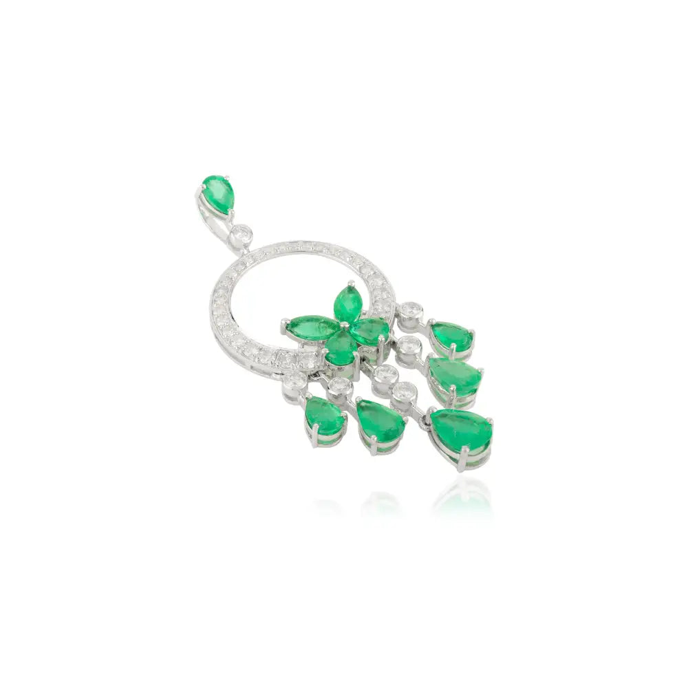 Art Deco Style Emerald & Diamond Hoop Tassel Pendant 18K White Gold Statement Jewelry