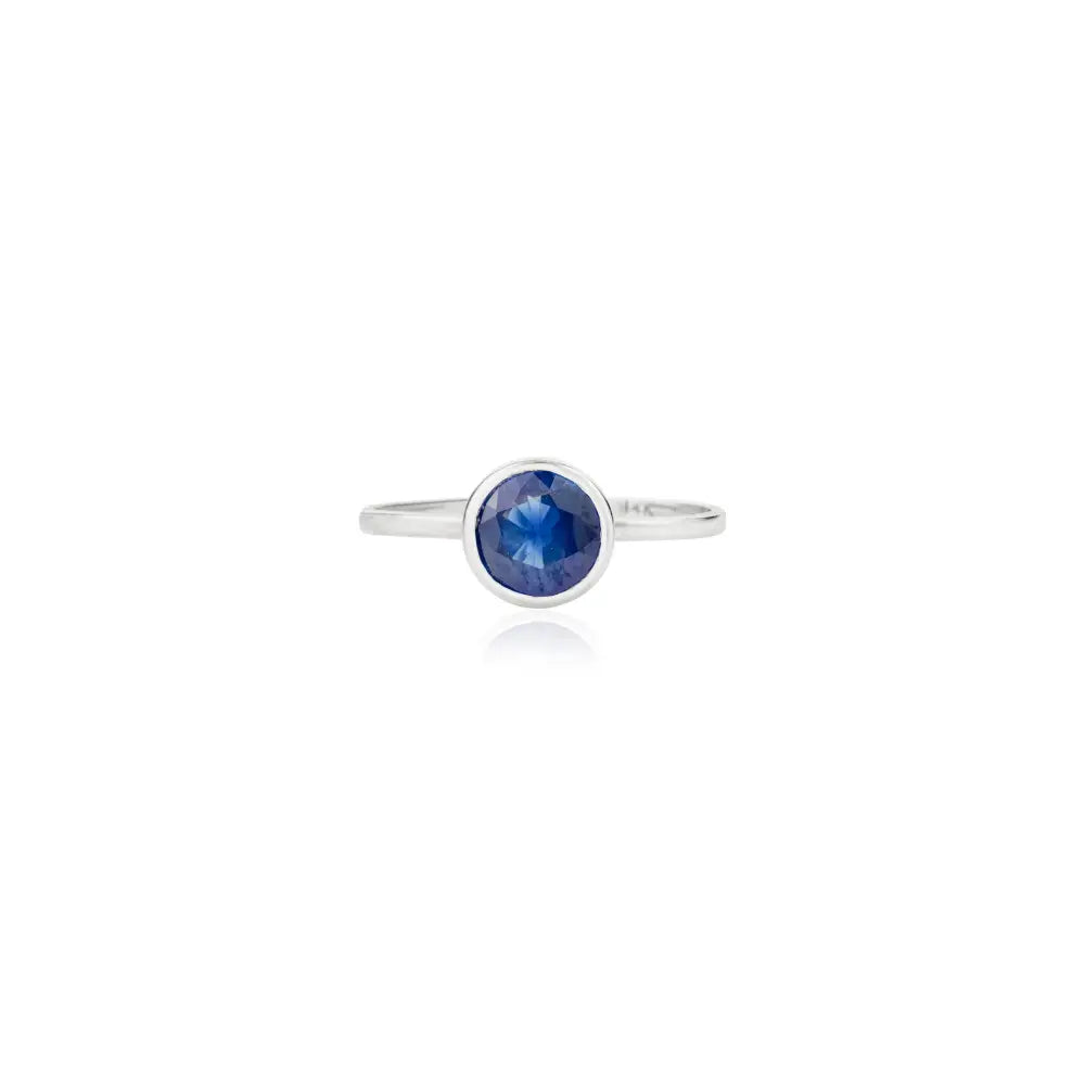 Elegant Classic Round Cut Blue Sapphire Single Stone Real K14 White Gold Stackable Ring
