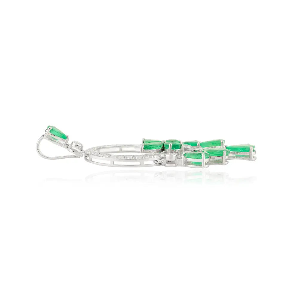 Art Deco Style Emerald & Diamond Hoop Tassel Pendant 18K White Gold Statement Jewelry