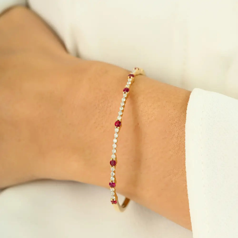 Good Quality Round Ruby & Diamond Tennis Bangle & Bracelet 14K Yellow Gold Stacked Jewelry