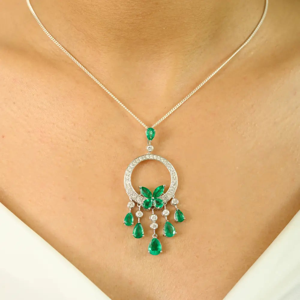 Art Deco Style Emerald & Diamond Hoop Tassel Pendant 18K White Gold Statement Jewelry