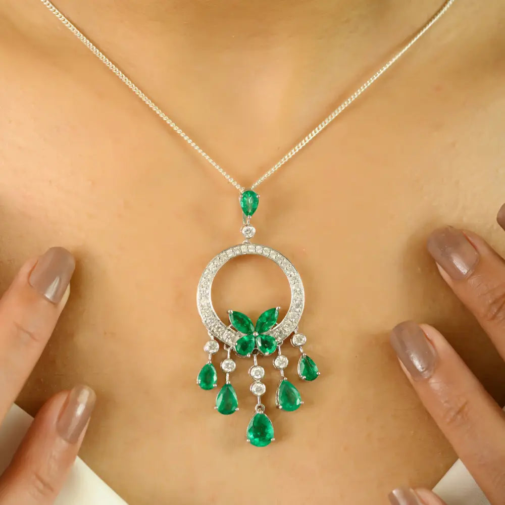 Art Deco Style Emerald & Diamond Hoop Tassel Pendant 18K White Gold Statement Jewelry