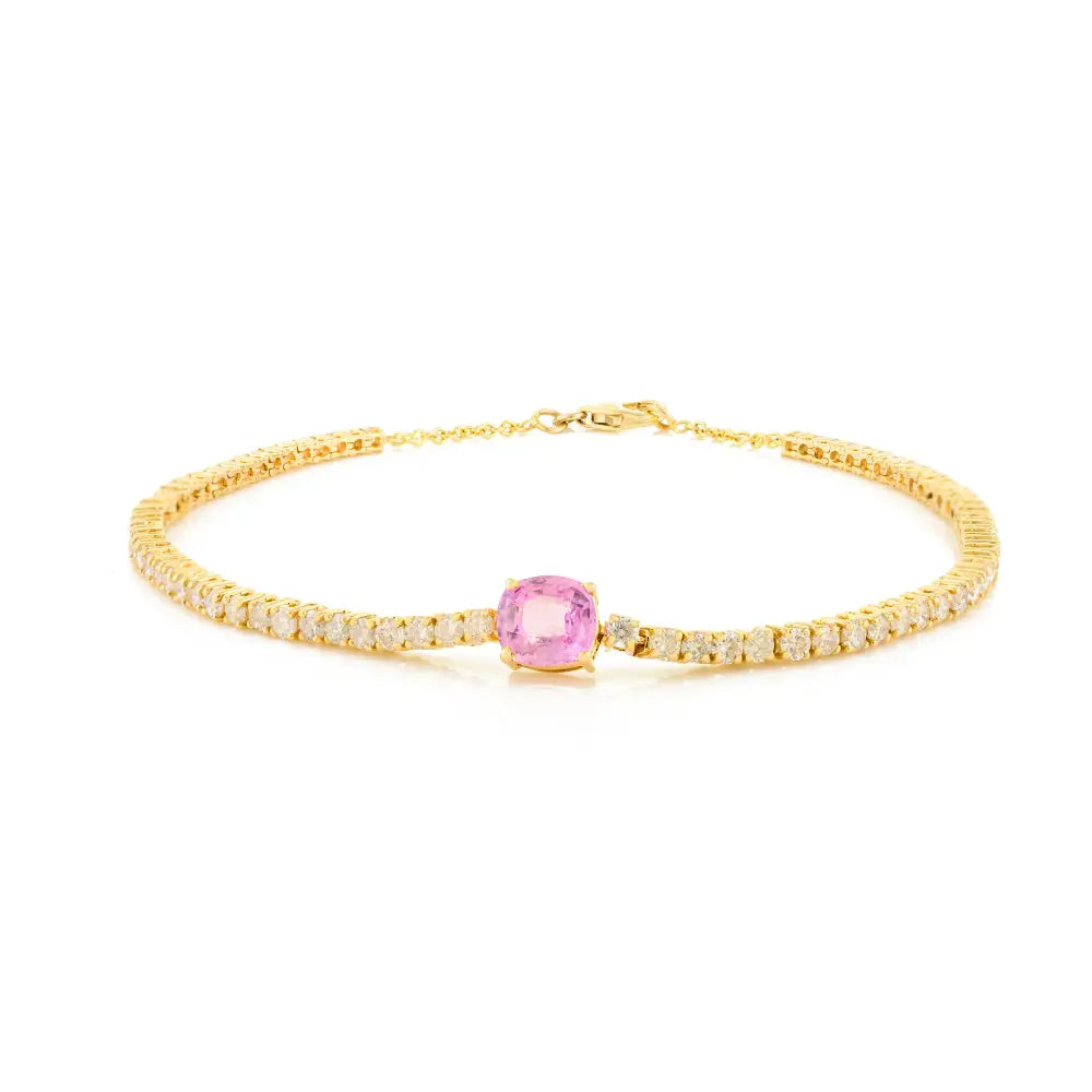 Birthstone Jewelry Round Cut Pink Sapphire & Diamond 14K Yellow Gold Half Tennis Bracelet
