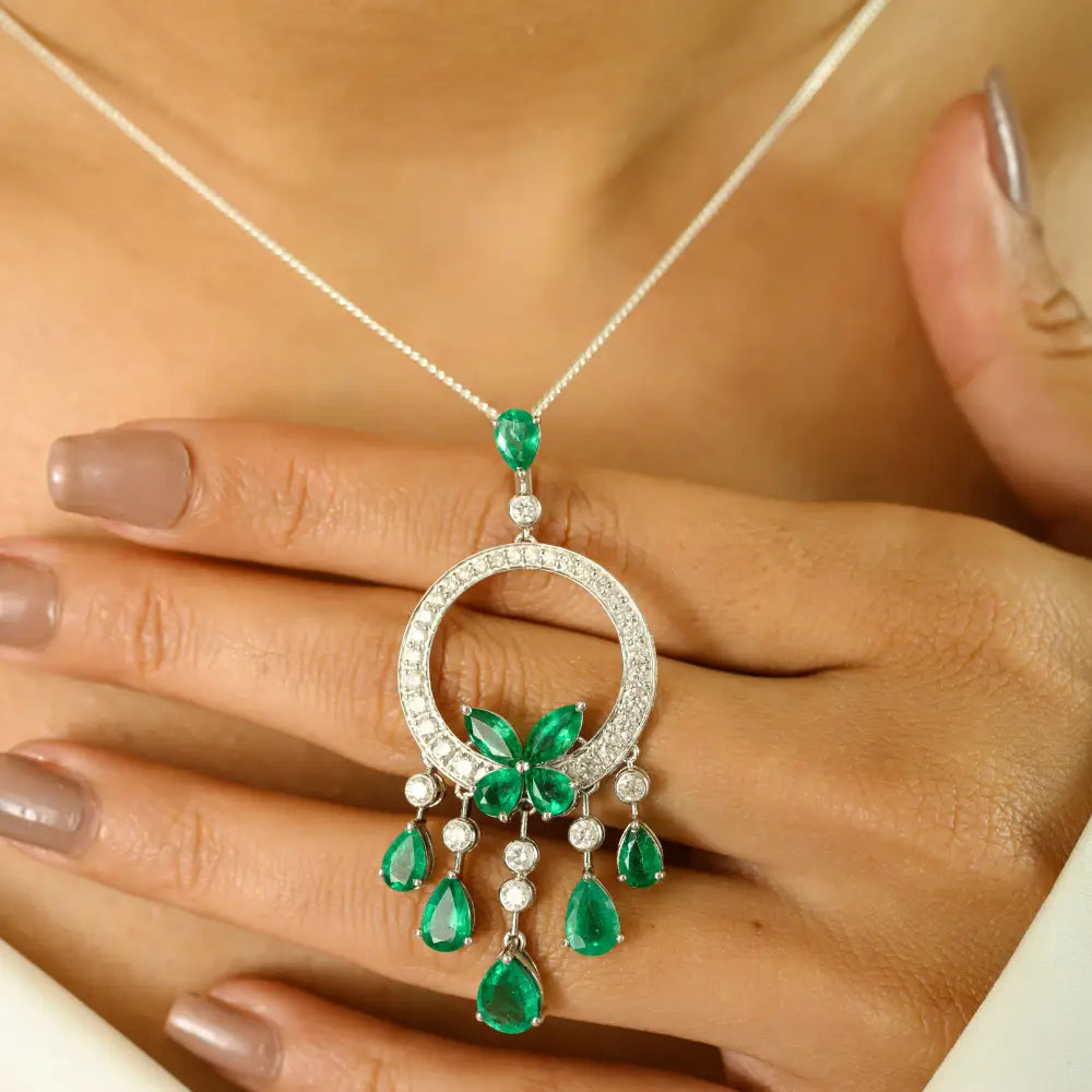 Art Deco Style Emerald & Diamond Hoop Tassel Pendant 18K White Gold Statement Jewelry