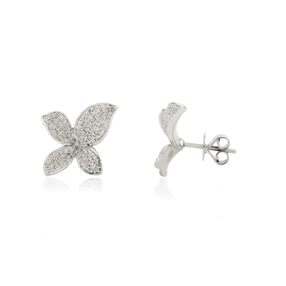 100% Natural Diamond Four Petal Stud Earrings Solid 18K White Gold Party Wear Jewelry