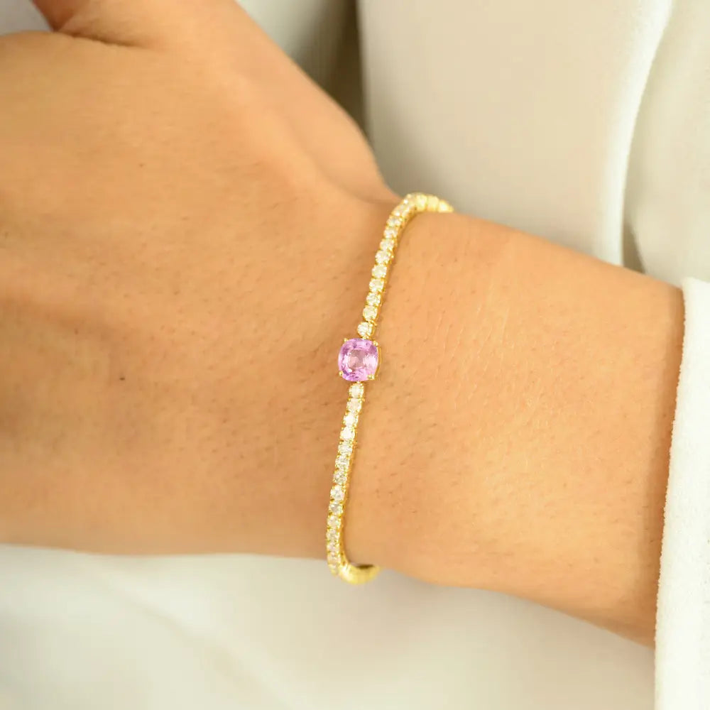 Birthstone Jewelry Round Cut Pink Sapphire & Diamond 14K Yellow Gold Half Tennis Bracelet