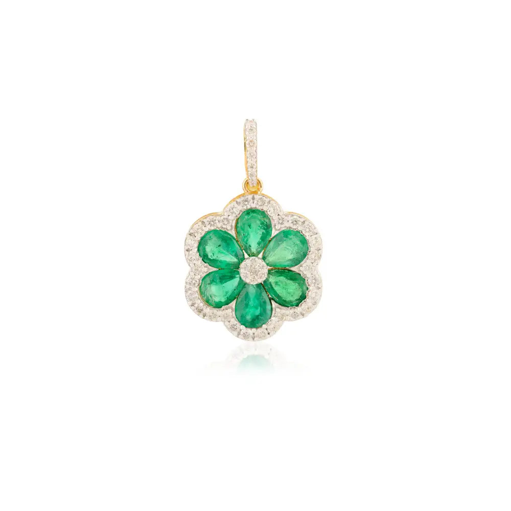 Zambian Emerald & Diamond Flower Shape Pendant Fine 18K Yellow Gold Bridal Jewelry