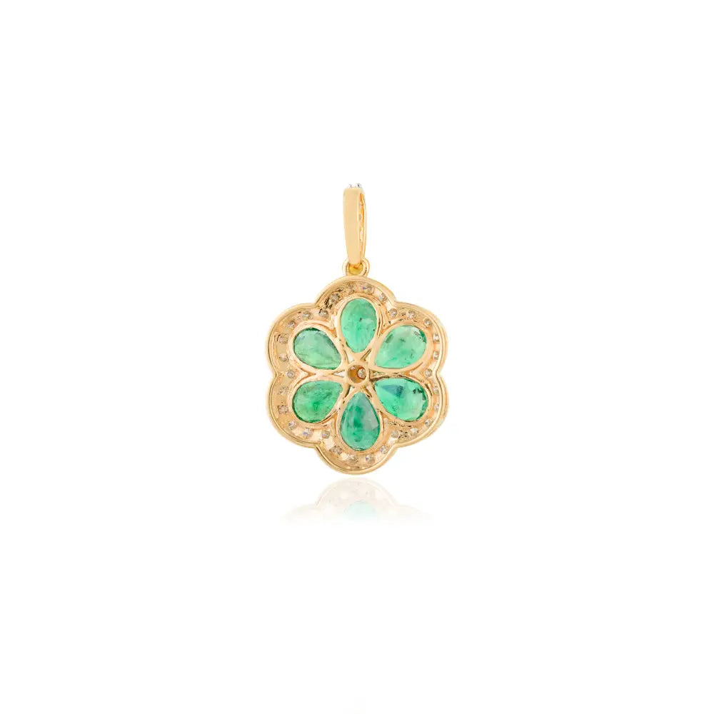 Zambian Emerald & Diamond Flower Shape Pendant Fine 18K Yellow Gold Bridal Jewelry