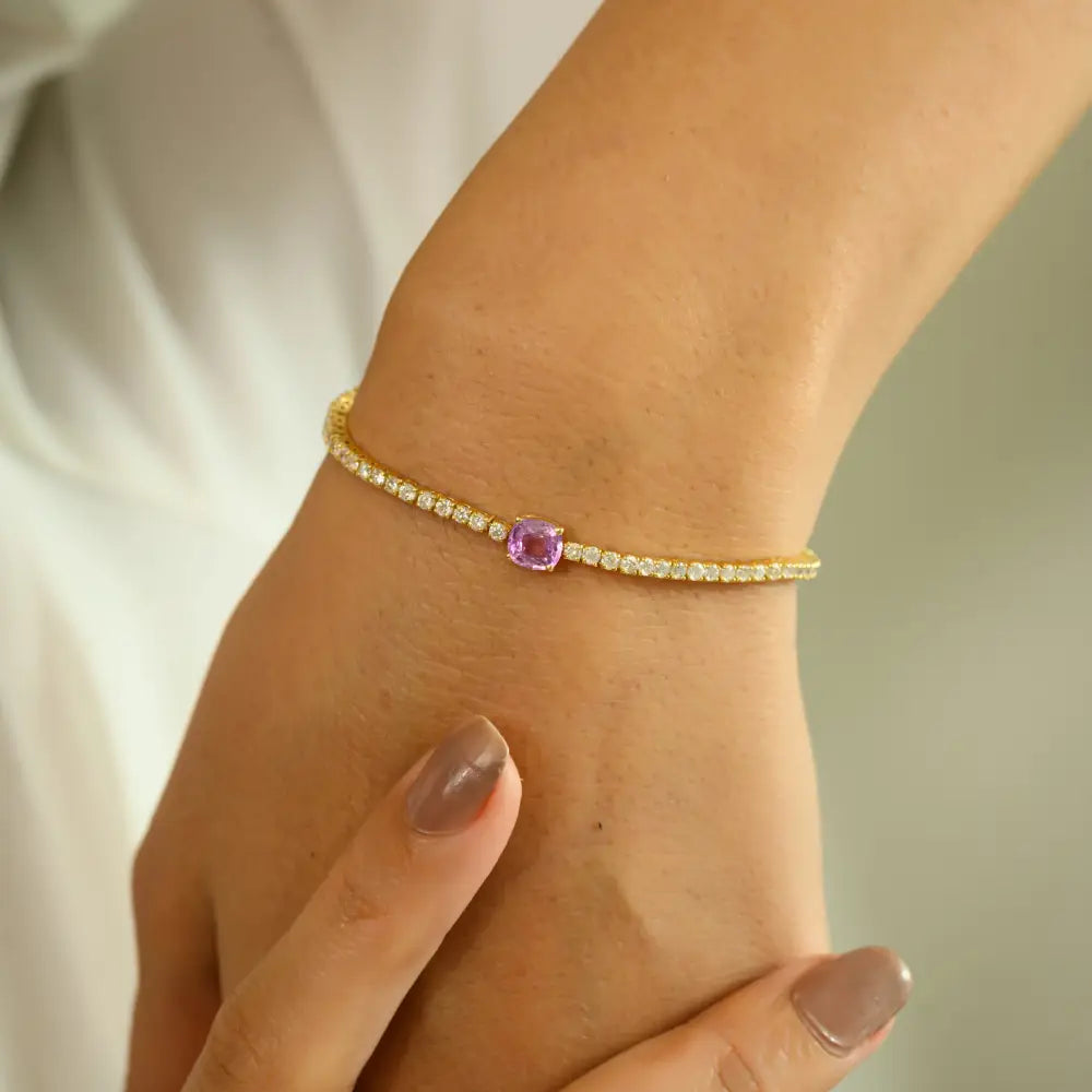 Birthstone Jewelry Round Cut Pink Sapphire & Diamond 14K Yellow Gold Half Tennis Bracelet