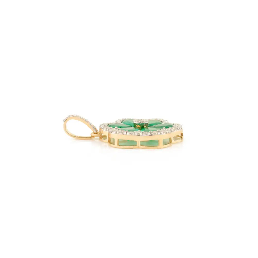 Zambian Emerald & Diamond Flower Shape Pendant Fine 18K Yellow Gold Bridal Jewelry