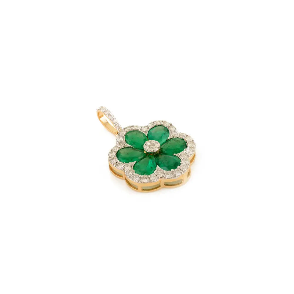 Zambian Emerald & Diamond Flower Shape Pendant Fine 18K Yellow Gold Bridal Jewelry