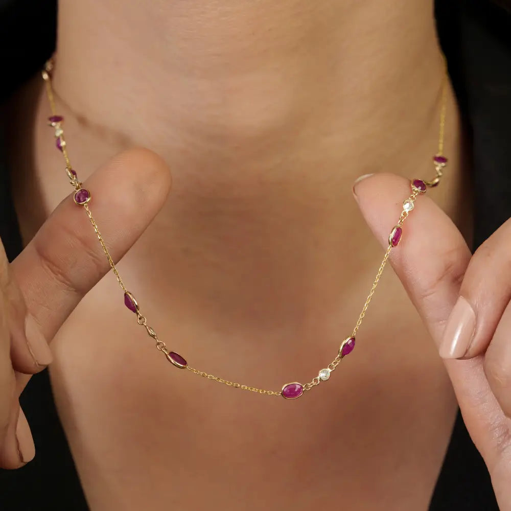 14K Solid Yellow Gold Ruby & Diamond Dainty Station Chain Necklace Mother's Day Gift Jewelry