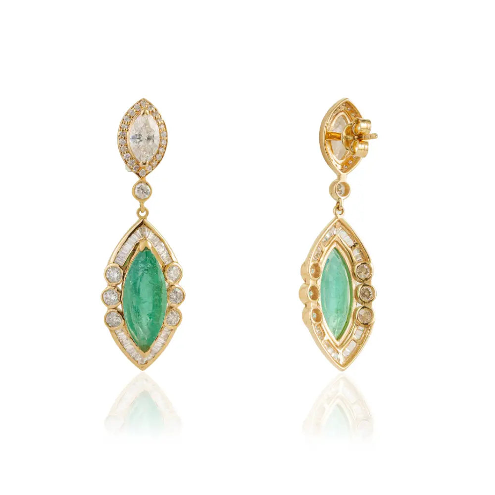 Luxurious Emerald & Diamond Marquise Shape Dangle Earrings Bold Jewelry 14K Yellow Gold