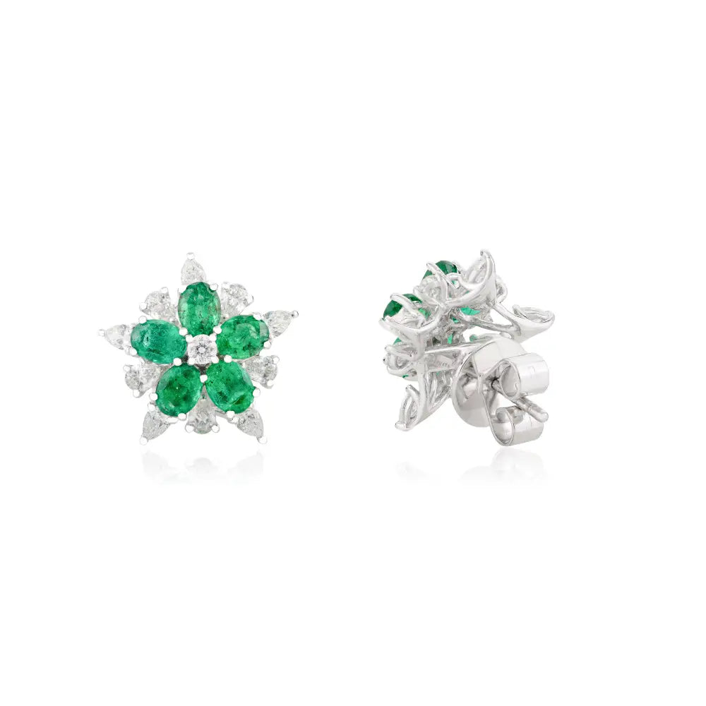 Emerald & Diamond 18K White Gold Flower Shape Stud Earrings Luxury Statement Jewelry