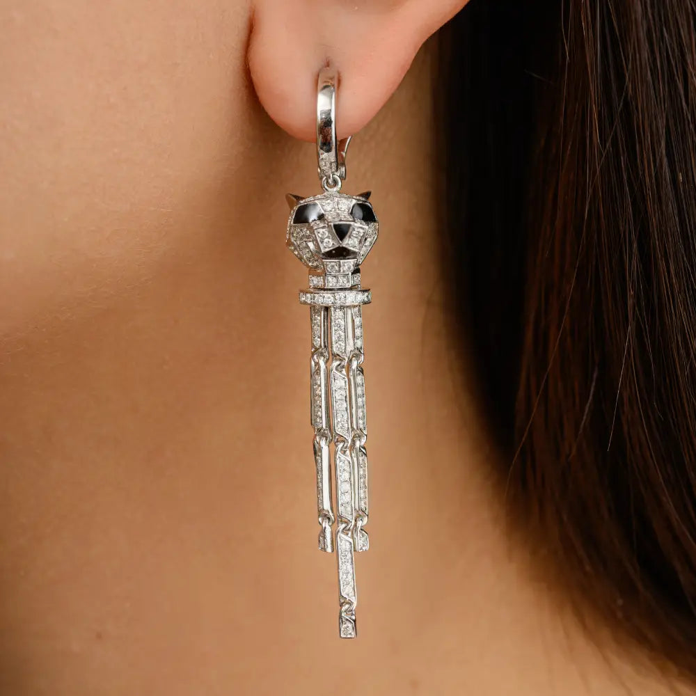 Exquisite Jewelry Solid 14K White Gold Natural Diamond Panther Dangle Earrings Unique Design