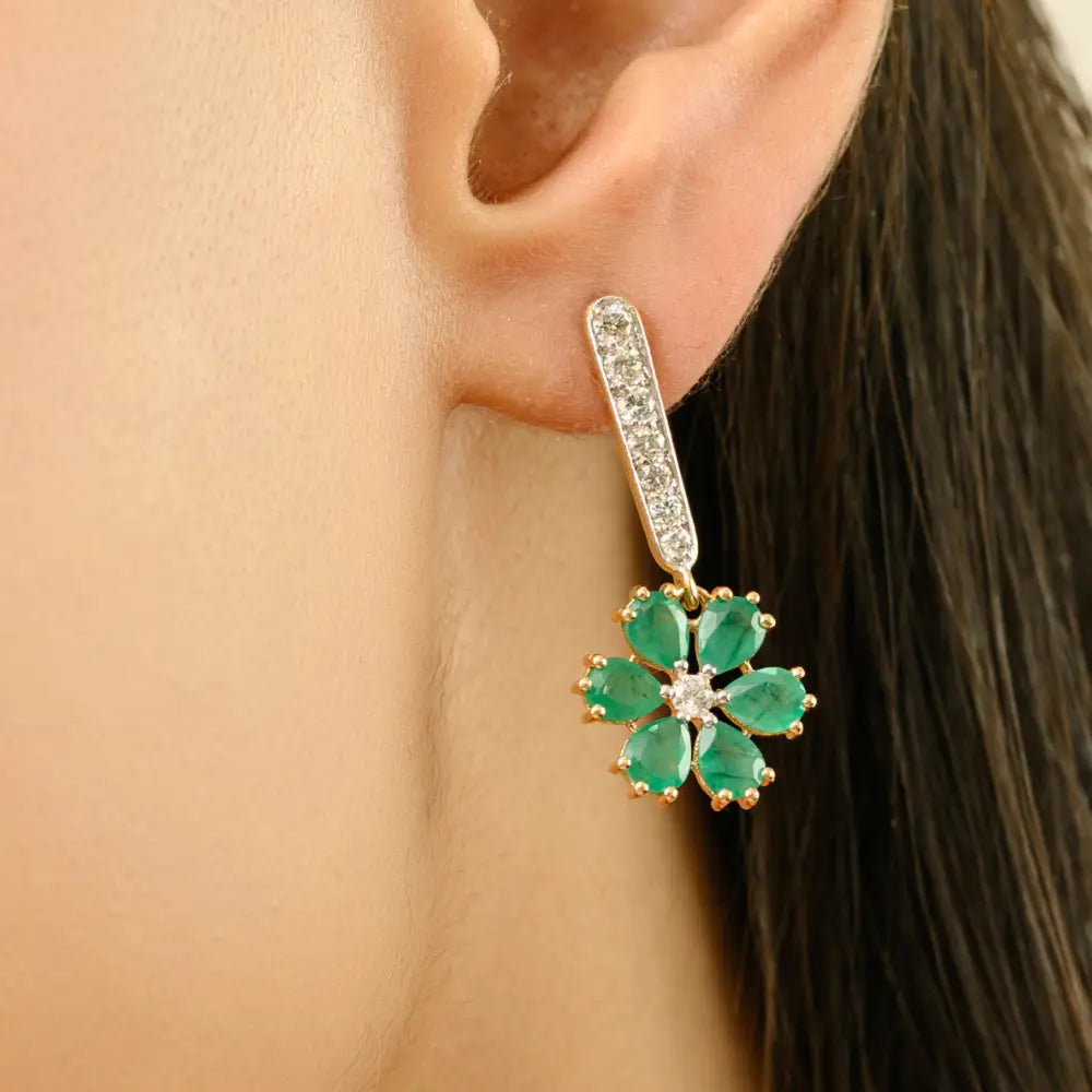 Flower Shape Drop Earrings Featuring In Emerald & Diamond K18 Yellow Gold Designer Jewelry