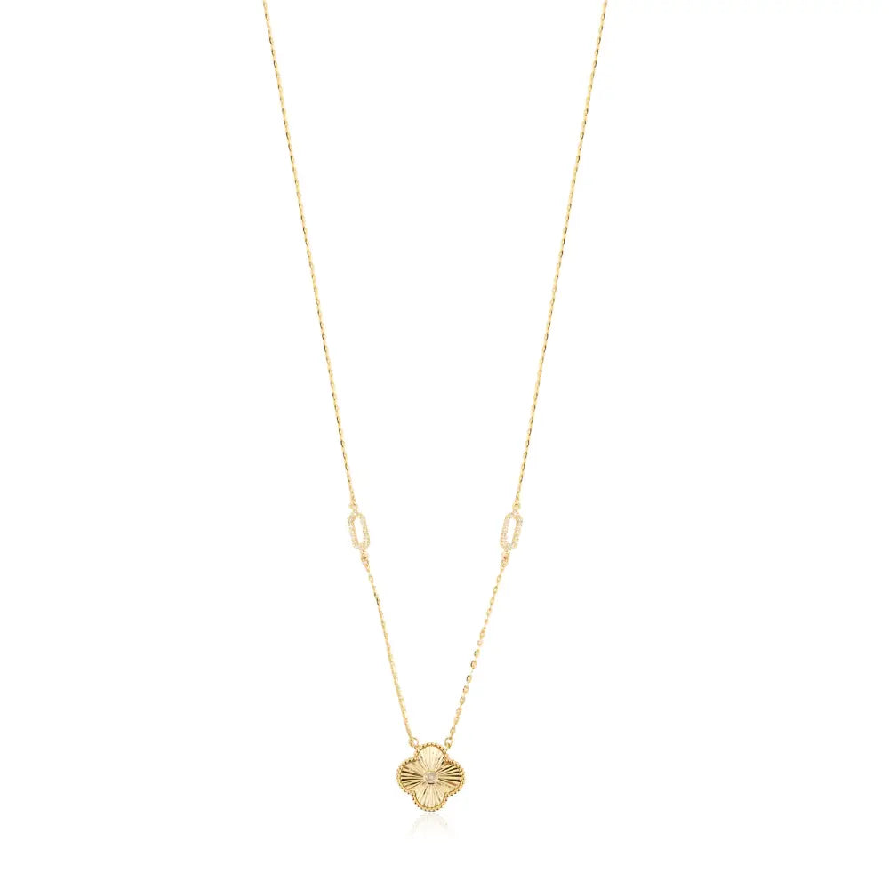Solid K14 Yellow Gold Natural Diamond Four Leaf Clover Necklace For Women Gift For Mom