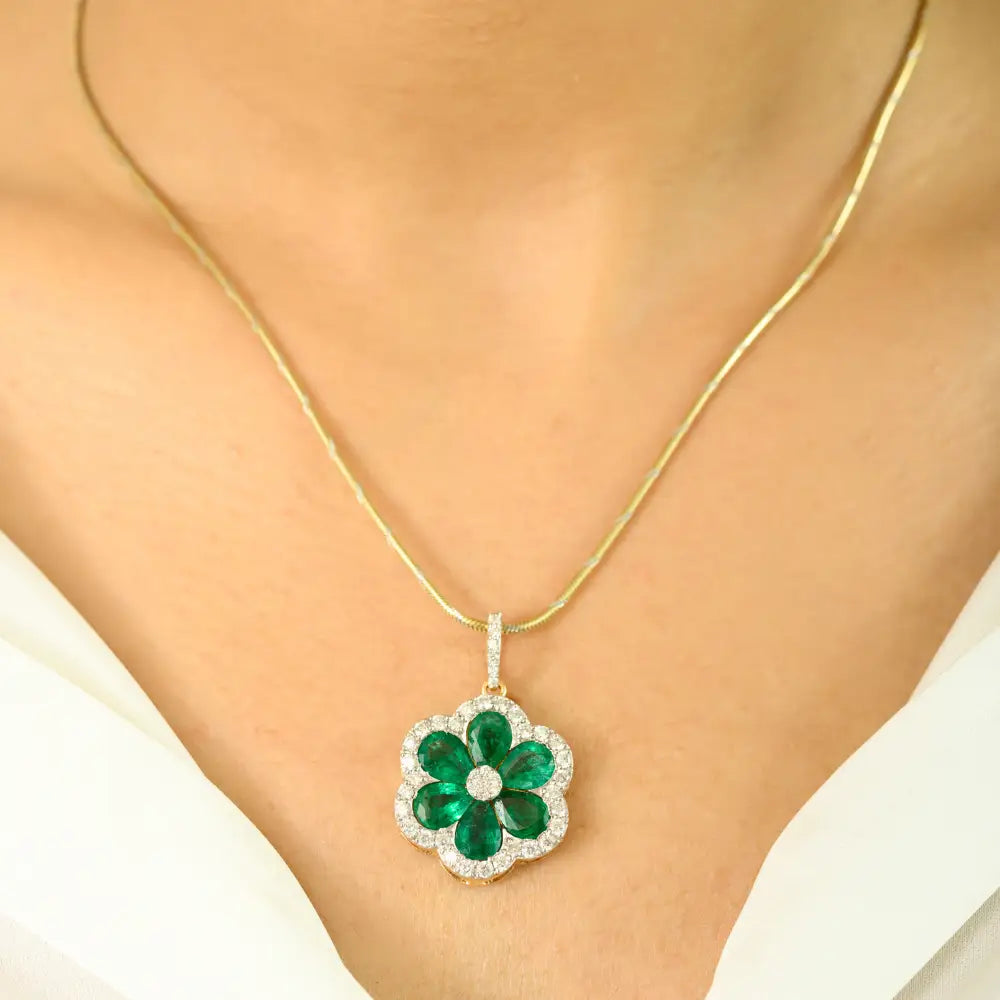 Zambian Emerald & Diamond Flower Shape Pendant Fine 18K Yellow Gold Bridal Jewelry