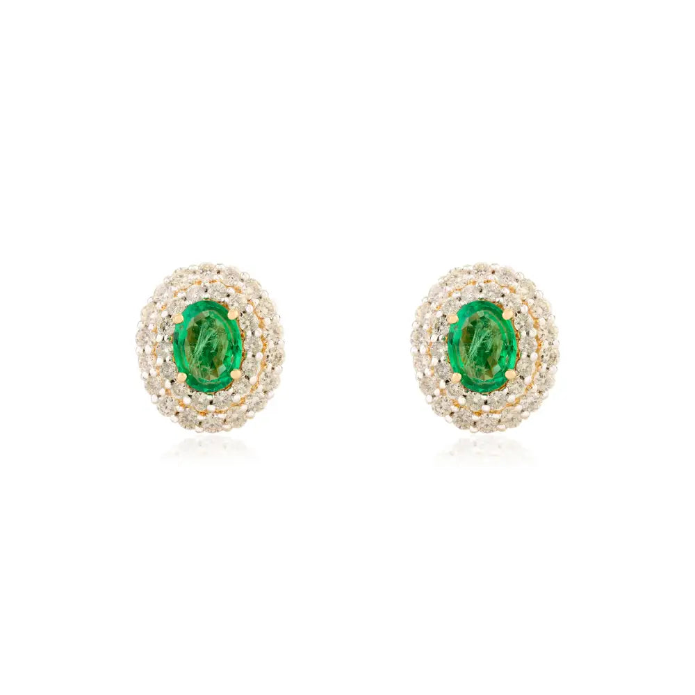 Wholesale Emerald & Diamond Double Halo 18K Real Yellow Gold Stud Earrings Anniversary Gift