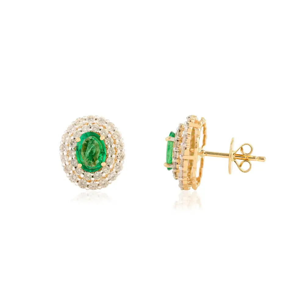 Wholesale Emerald & Diamond Double Halo 18K Real Yellow Gold Stud Earrings Anniversary Gift