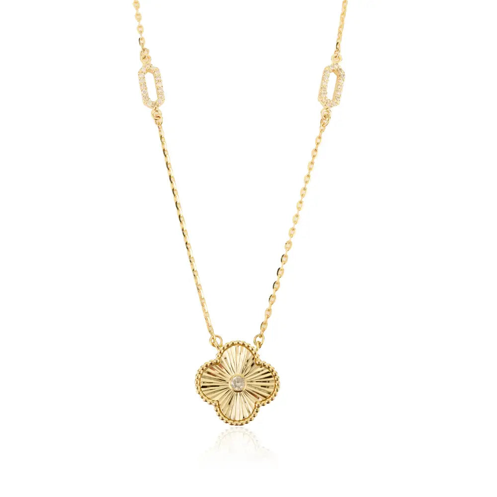 Solid K14 Yellow Gold Natural Diamond Four Leaf Clover Necklace For Women Gift For Mom