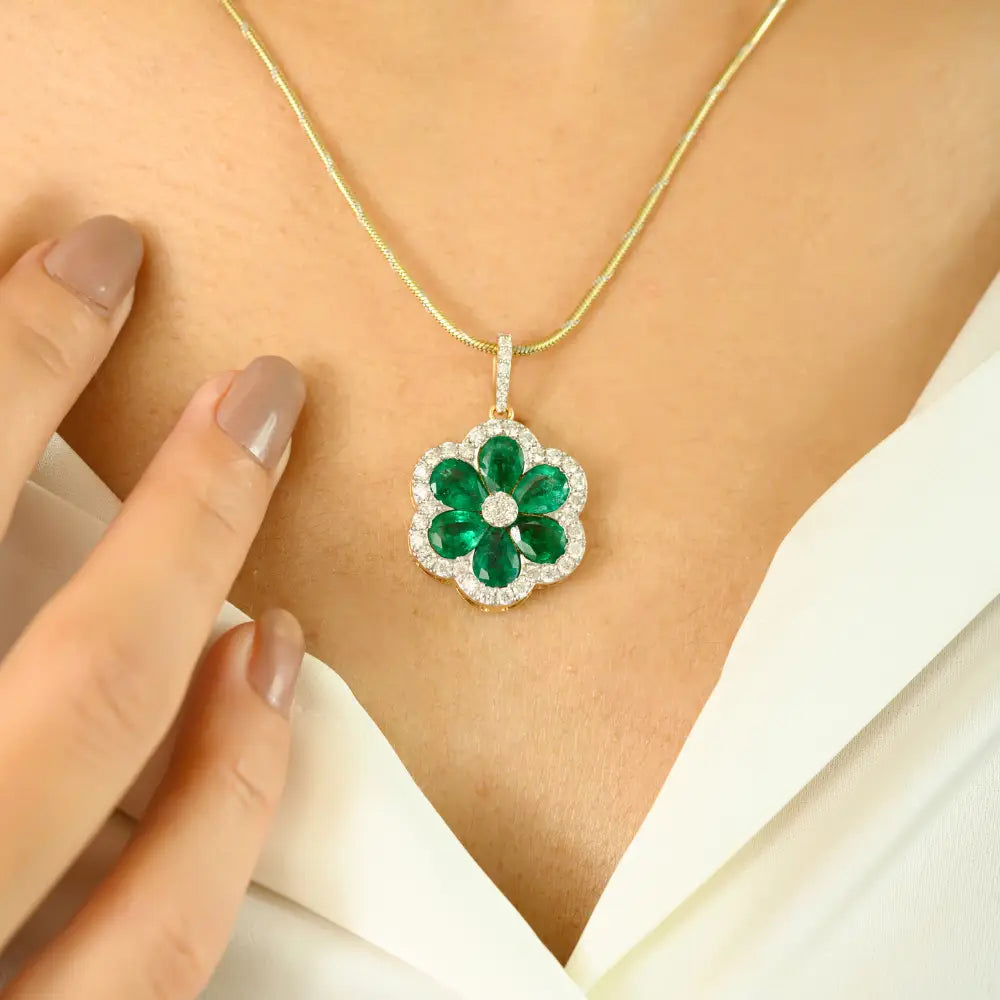 Zambian Emerald & Diamond Flower Shape Pendant Fine 18K Yellow Gold Bridal Jewelry