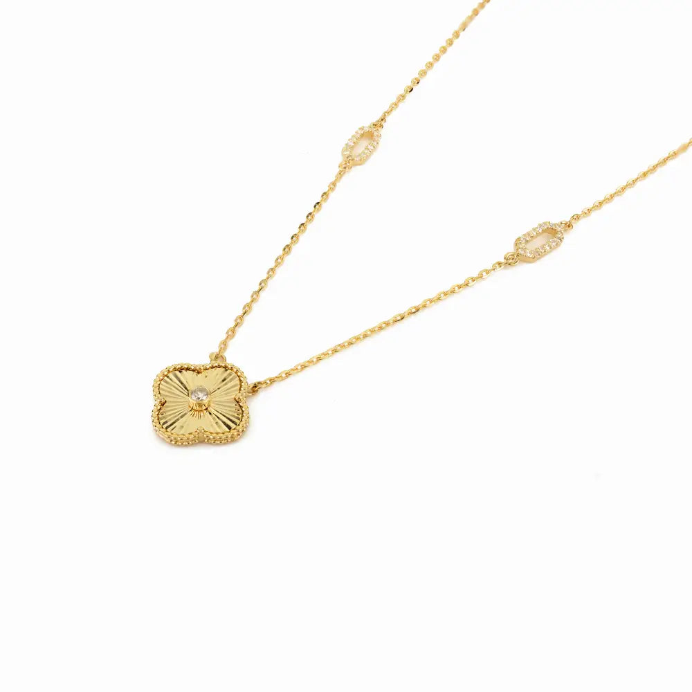 Solid K14 Yellow Gold Natural Diamond Four Leaf Clover Necklace For Women Gift For Mom