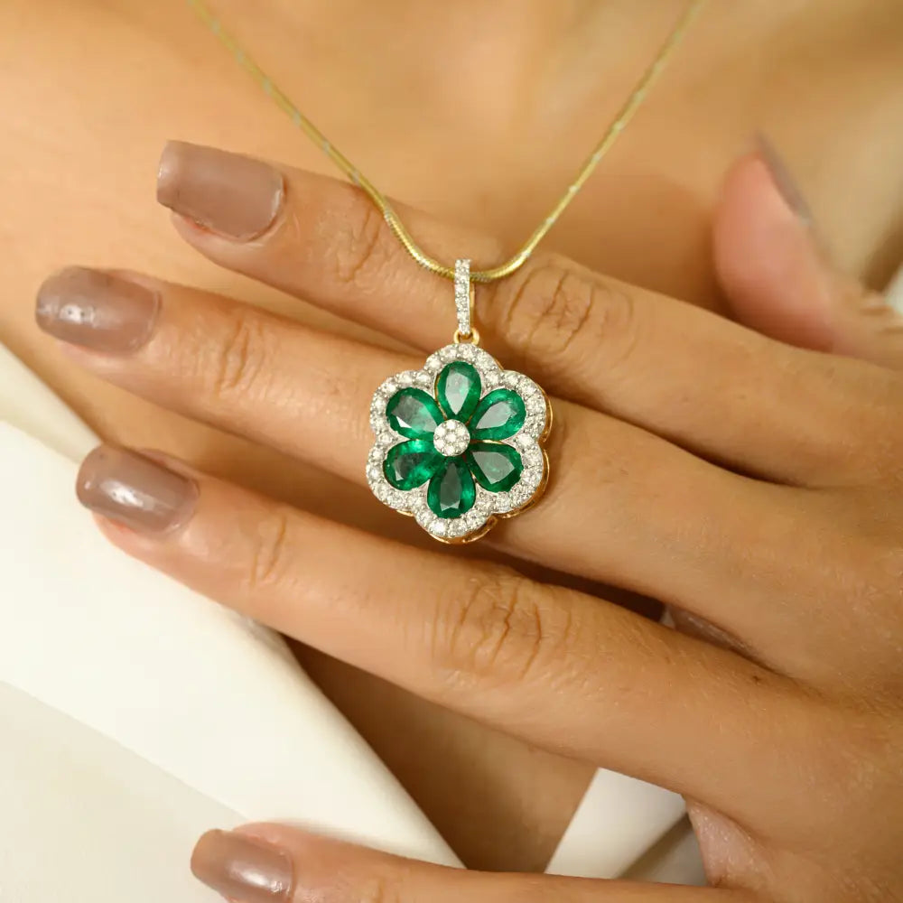 Zambian Emerald & Diamond Flower Shape Pendant Fine 18K Yellow Gold Bridal Jewelry