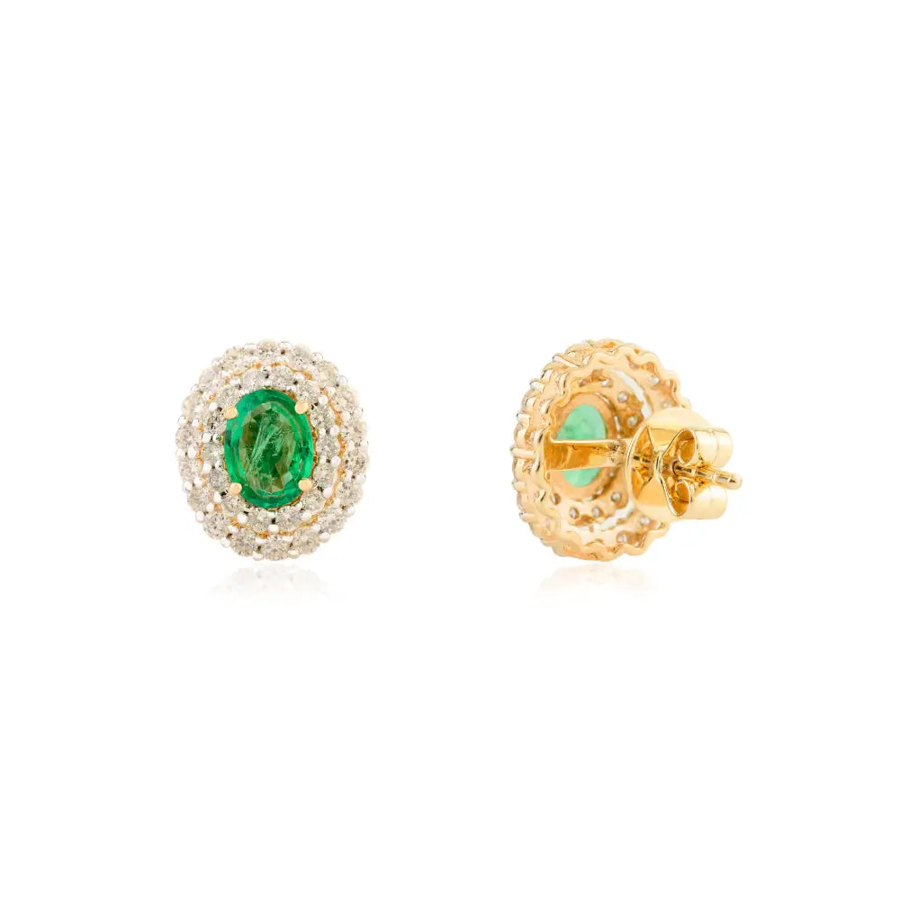 Wholesale Emerald & Diamond Double Halo 18K Real Yellow Gold Stud Earrings Anniversary Gift