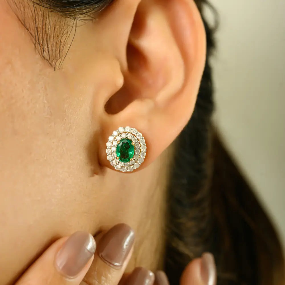 Wholesale Emerald & Diamond Double Halo 18K Real Yellow Gold Stud Earrings Anniversary Gift
