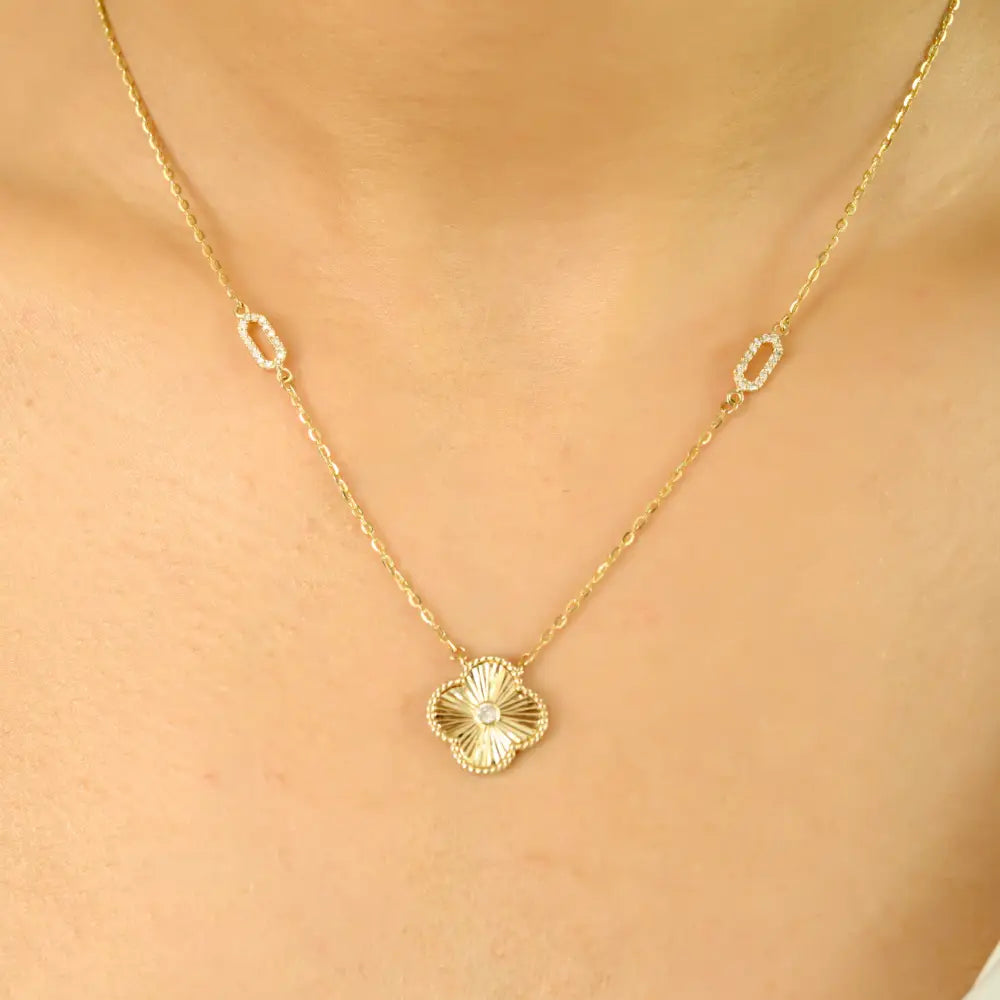 Solid K14 Yellow Gold Natural Diamond Four Leaf Clover Necklace For Women Gift For Mom